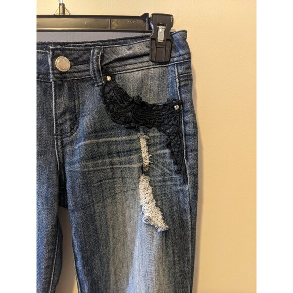 Vintage Y2K Almost Famous Distressed Skinny Jeans Low Rise Lace Detail Denim 1 - Picture 3 of 9